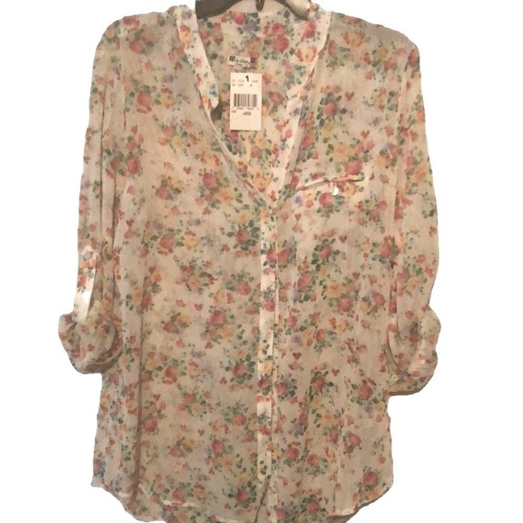 Kut semi sheer blouse off white with roses, large - Picture 1 of 6